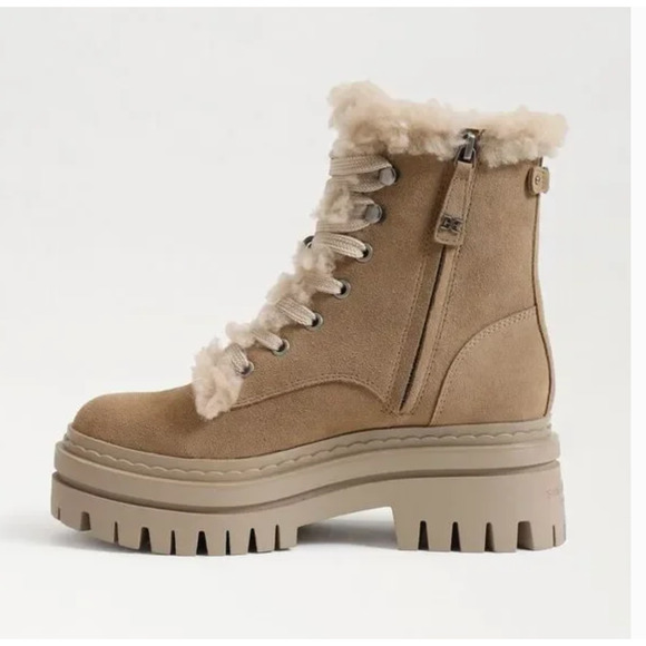 Sam Edelman Kyler 2 Lace Up Combat Boots 9.5 NWOT Tan Suede Fur Ankle Bootie Lug - Picture 3 of 11